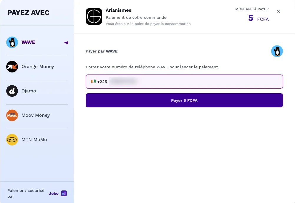 Le client saisit son numéro de téléphone ivoirien pour lancer le paiement Wave.