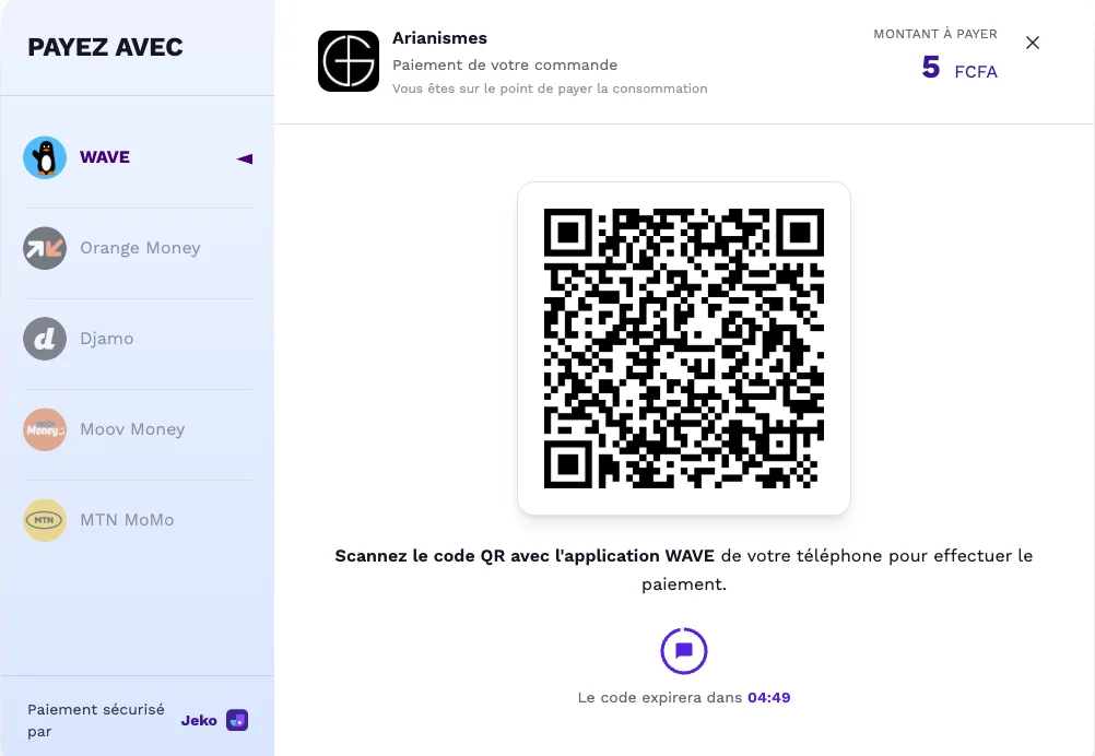 Un QR code à scanner avec l'application Wave, accompagné d'un compte à rebours de 5 minutes.