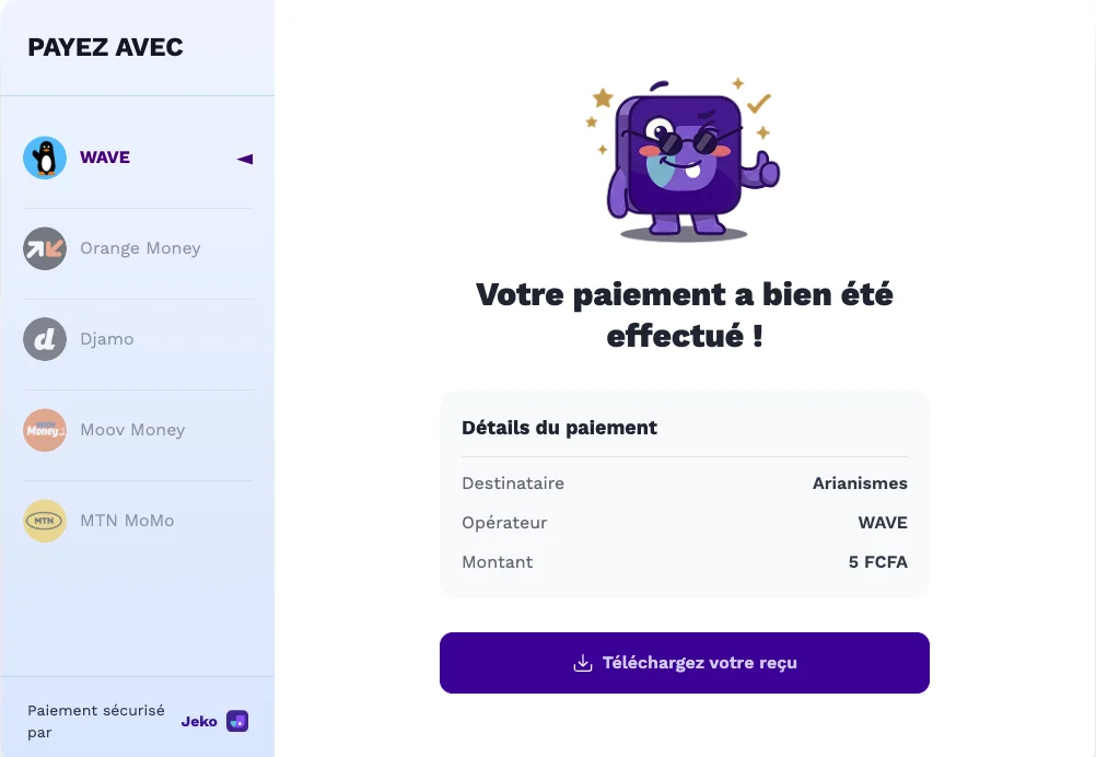 Écran de confirmation : paiement effectué, avec le détail du destinataire, de l'opérateur et du montant.