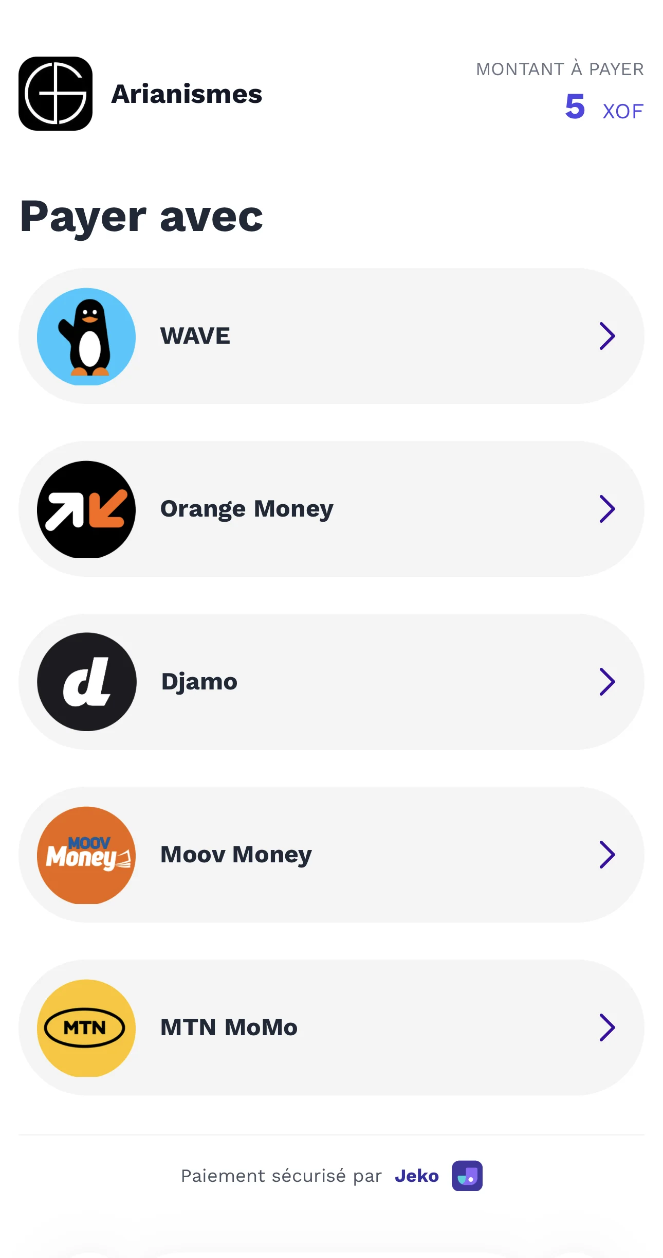 Sur mobile, le client choisit son moyen de paiement parmi Wave, Orange Money, Djamo, Moov Money et MTN MoMo.