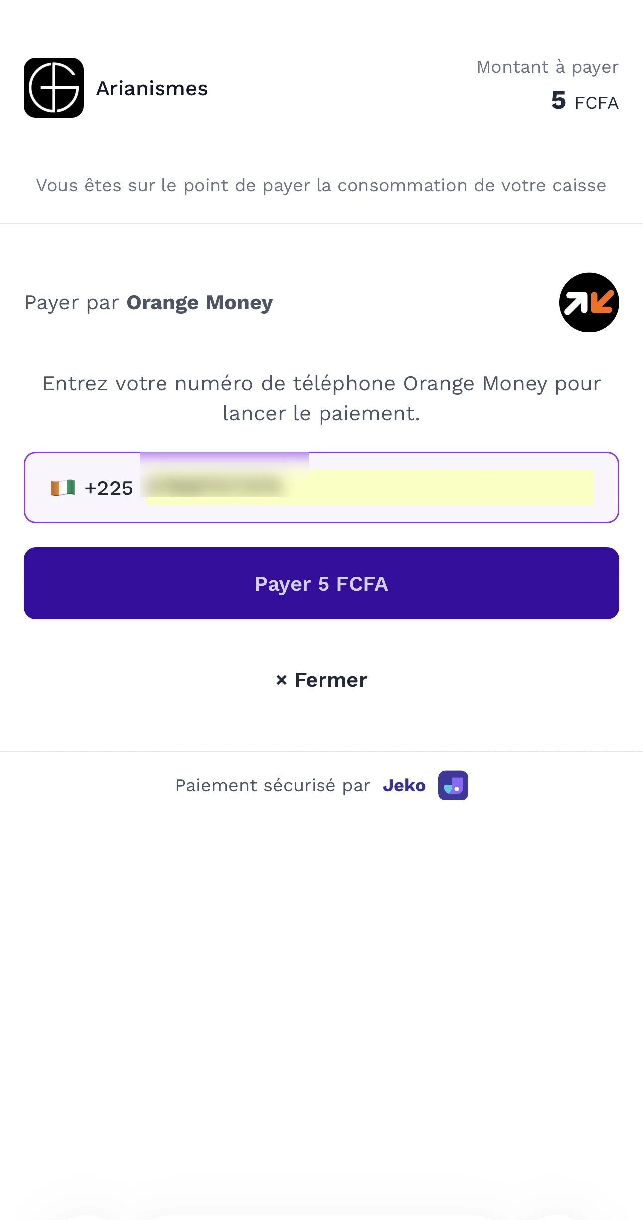 Saisie du numéro de téléphone Orange Money pour lancer le paiement.