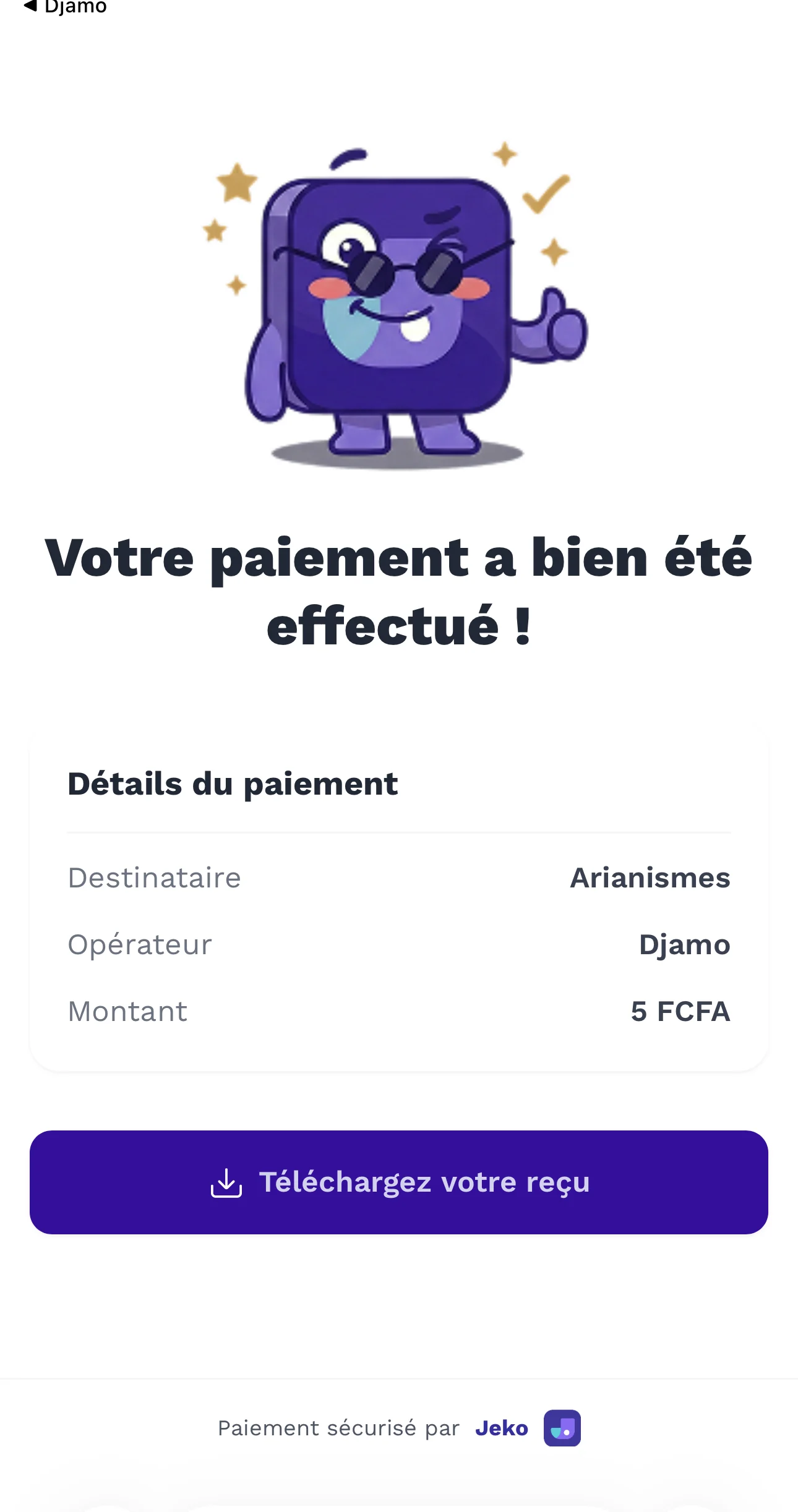 Écran de confirmation mobile avec le détail du paiement et le téléchargement du reçu.